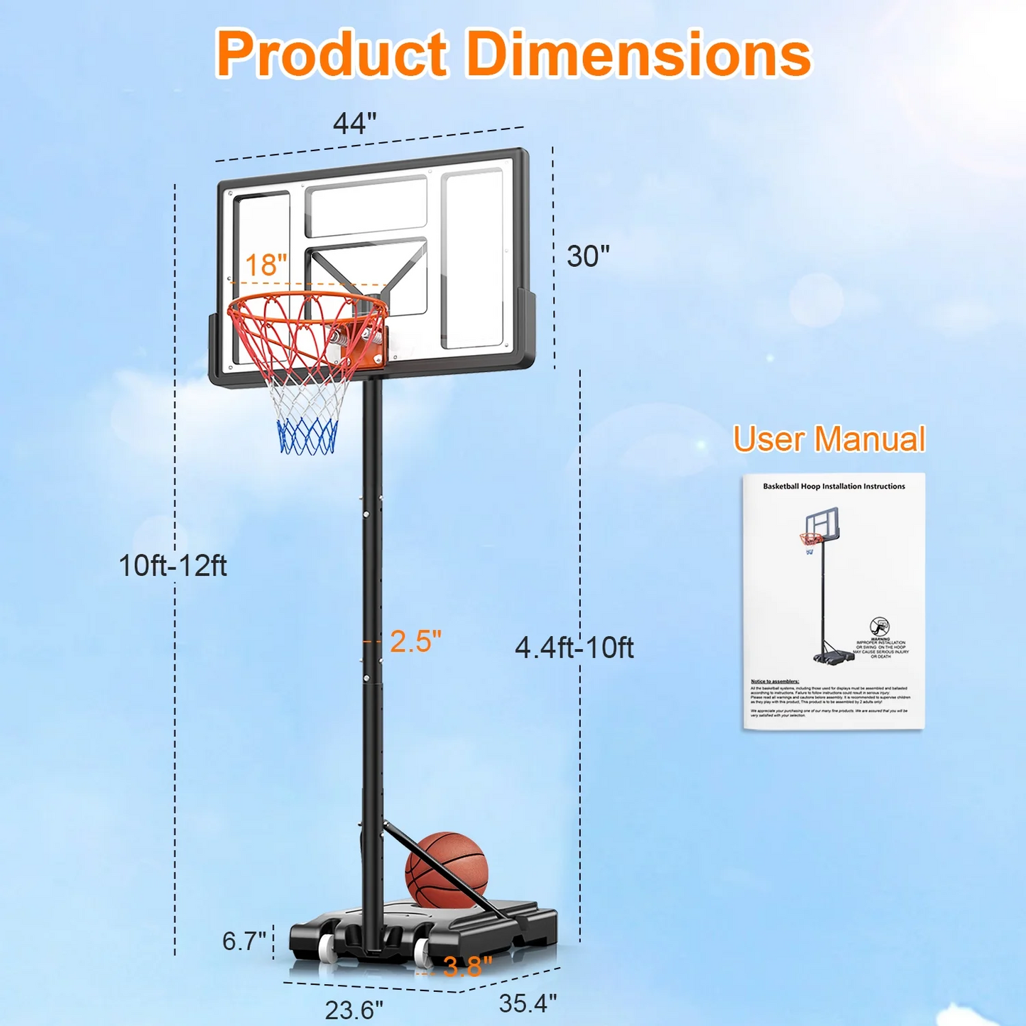 TopNest Outdoor Basketball Hoop, 44 inch, 4.4 - 10 ft Height Adjustable