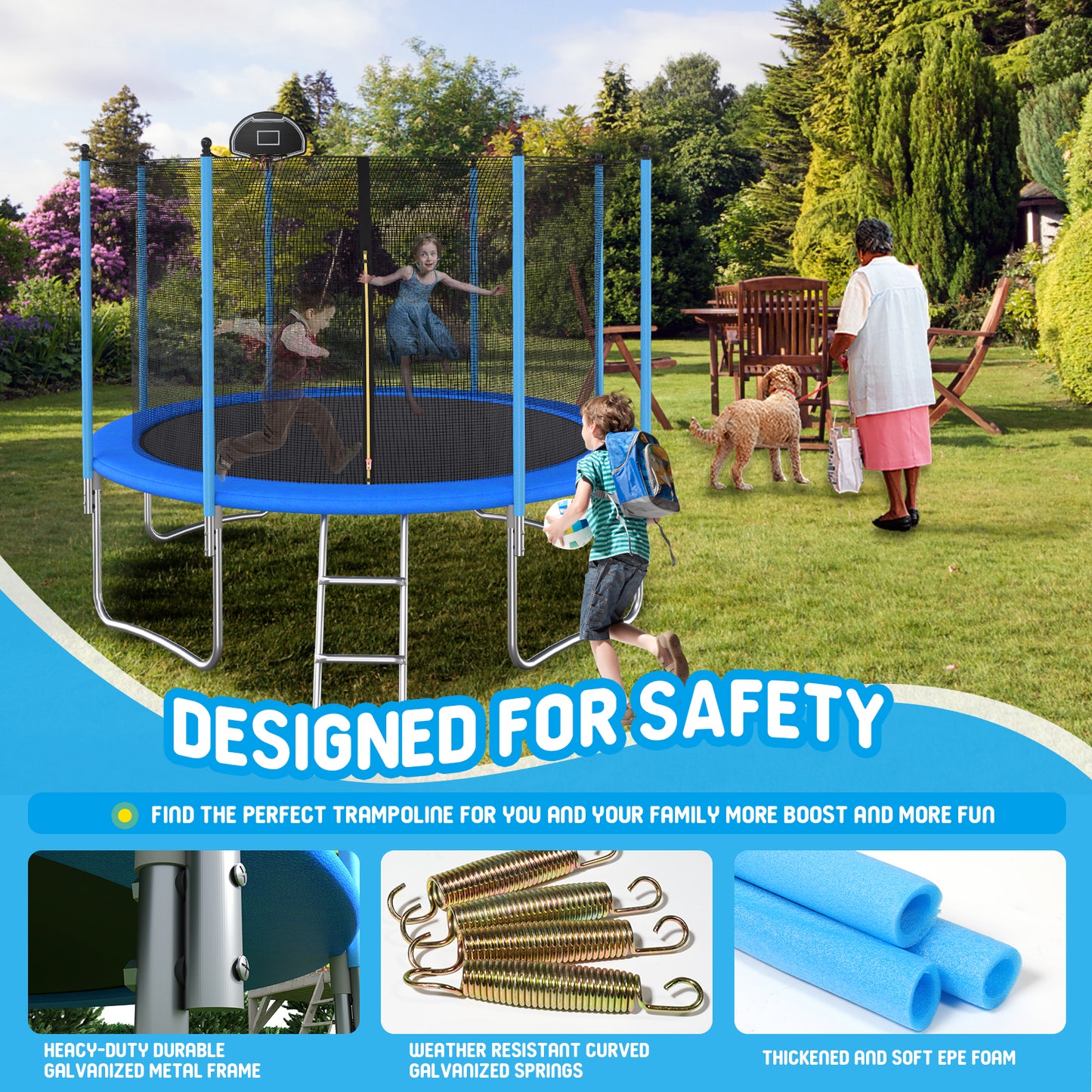 TopNest 10ft Trampoline, Round Trampoline W/ Enclosure Net and Basketball Hoop