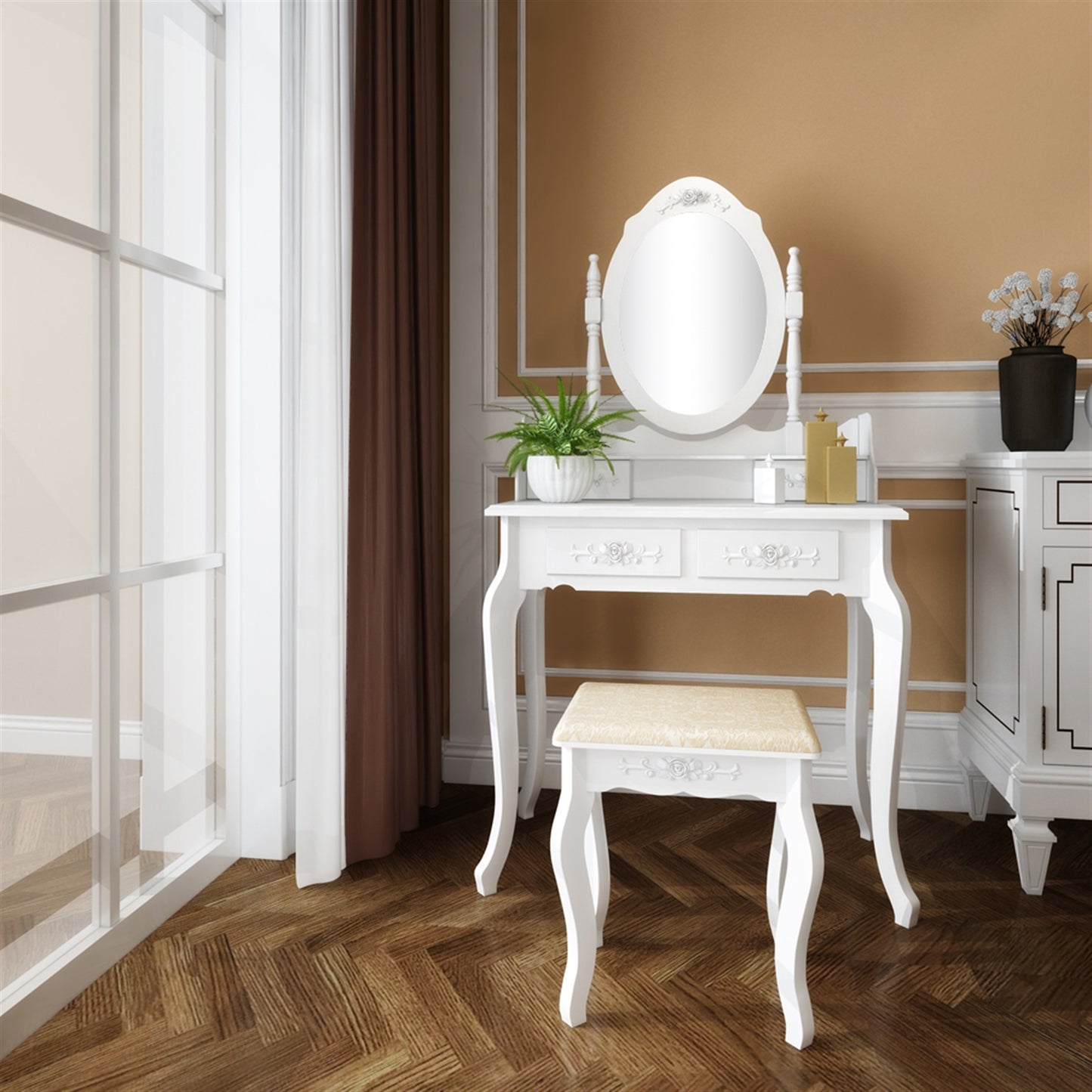 TopNest Dressing Table for Room, White Makeup Desk with Removable Mirror and Stool