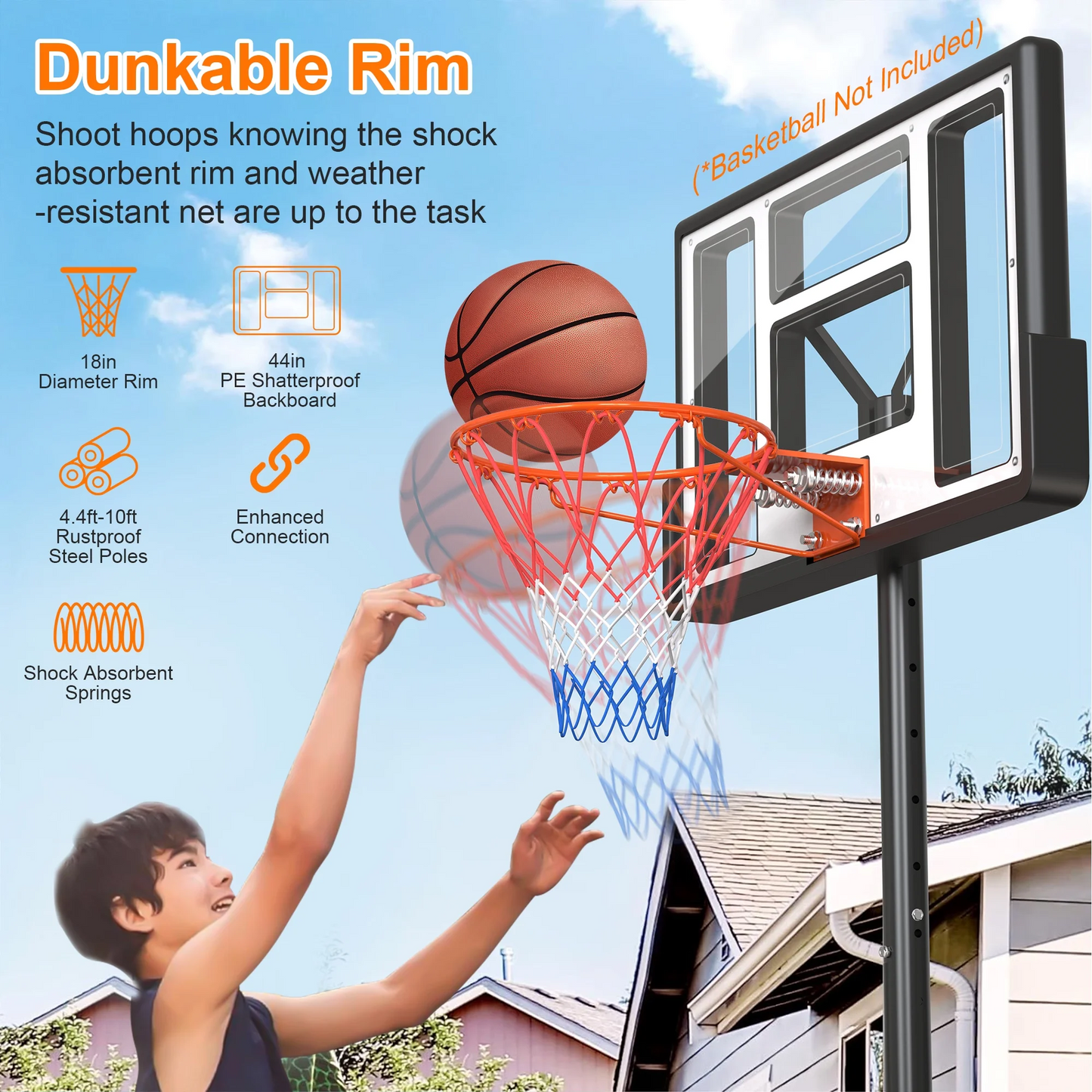 TopNest Outdoor Basketball Hoop, 44 inch, 4.4 - 10 ft Height Adjustable