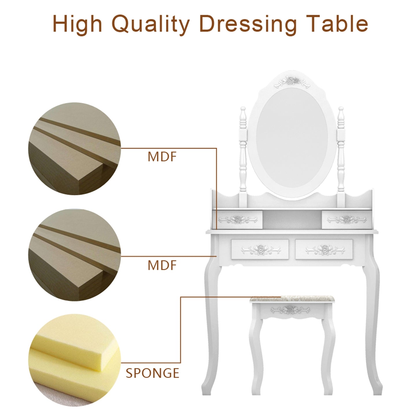 TopNest Dressing Table for Room, White Makeup Desk with Removable Mirror and Stool