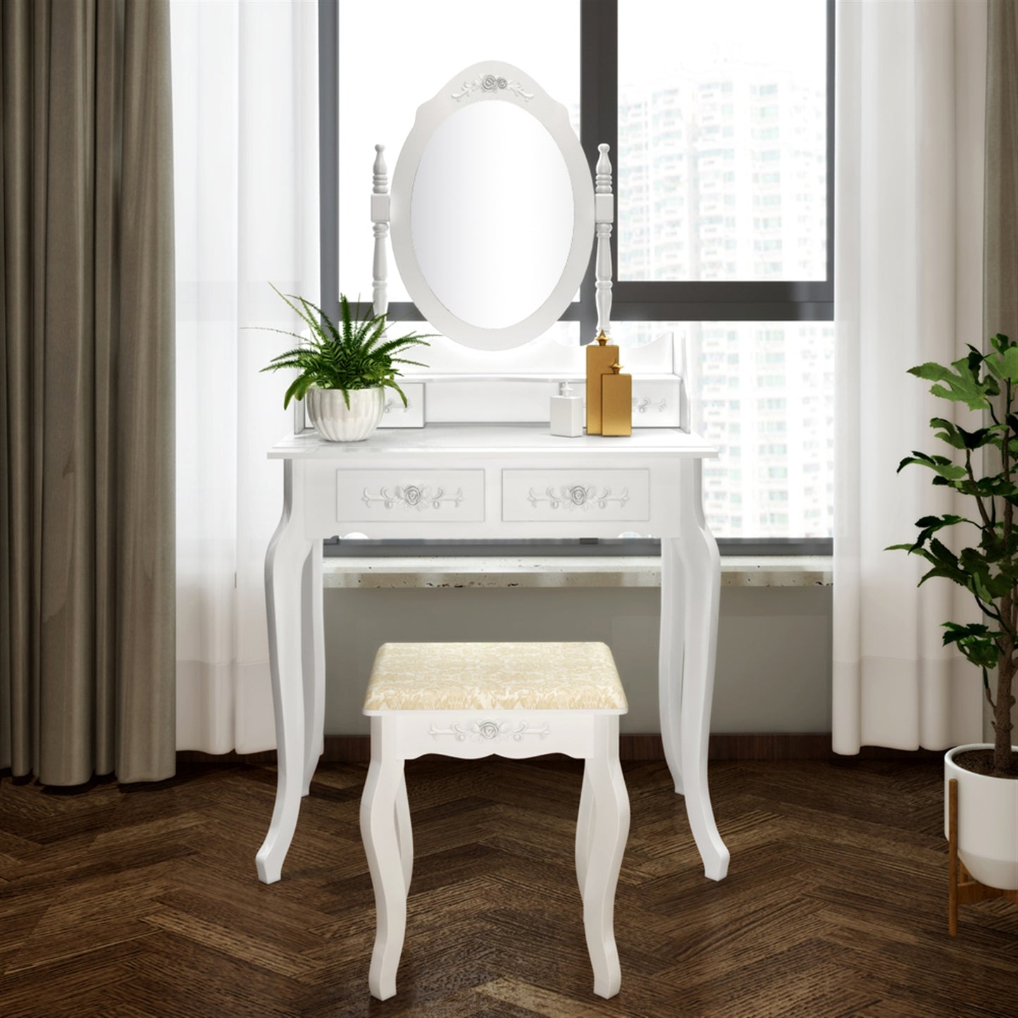 TopNest Dressing Table for Room, White Makeup Desk with Removable Mirror and Stool