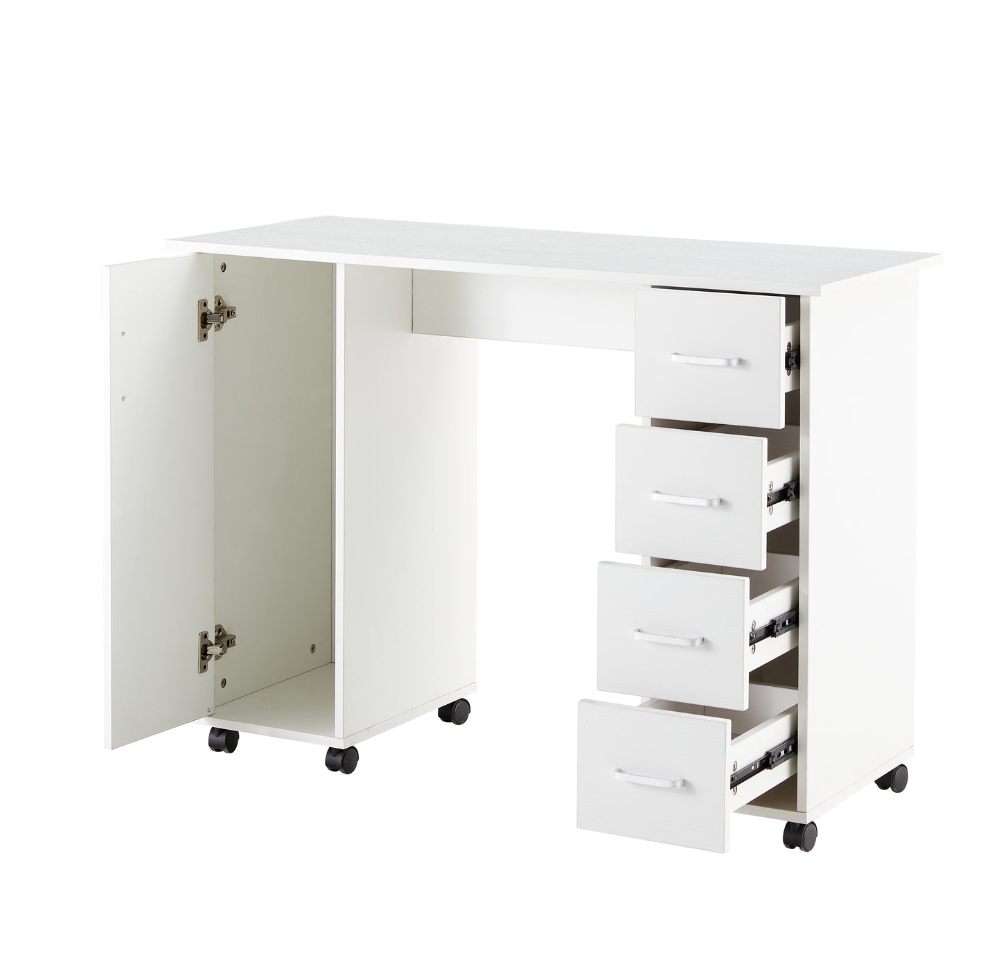 TopNest Office Table, Computer Desk Table with Drawers, White Office Desk on Wheels for Home Room, 4 Drawers and Storage Cabinet