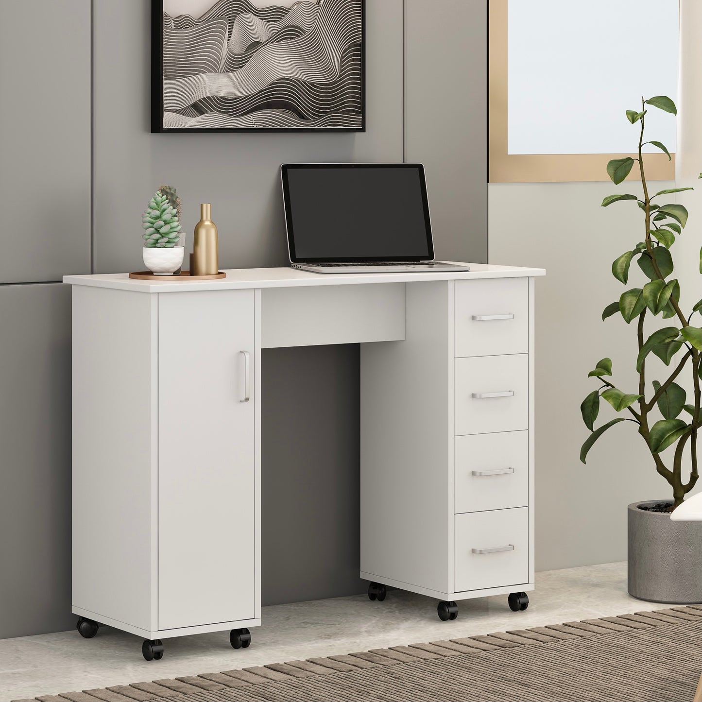 TopNest Office Table, Computer Desk Table with Drawers, White Office Desk on Wheels for Home Room, 4 Drawers and Storage Cabinet