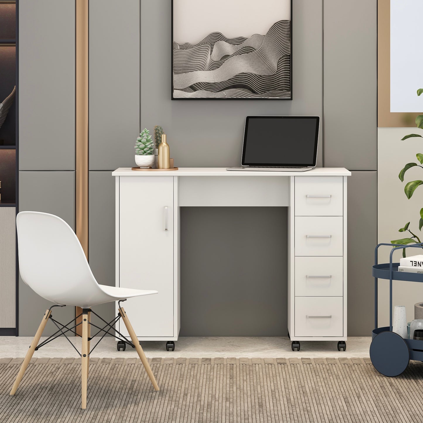 TopNest Office Table, Computer Desk Table with Drawers, White Office Desk on Wheels for Home Room, 4 Drawers and Storage Cabinet