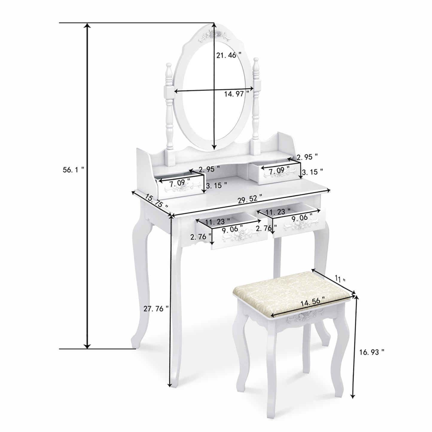 TopNest Dressing Table for Room, White Makeup Desk with Removable Mirror and Stool