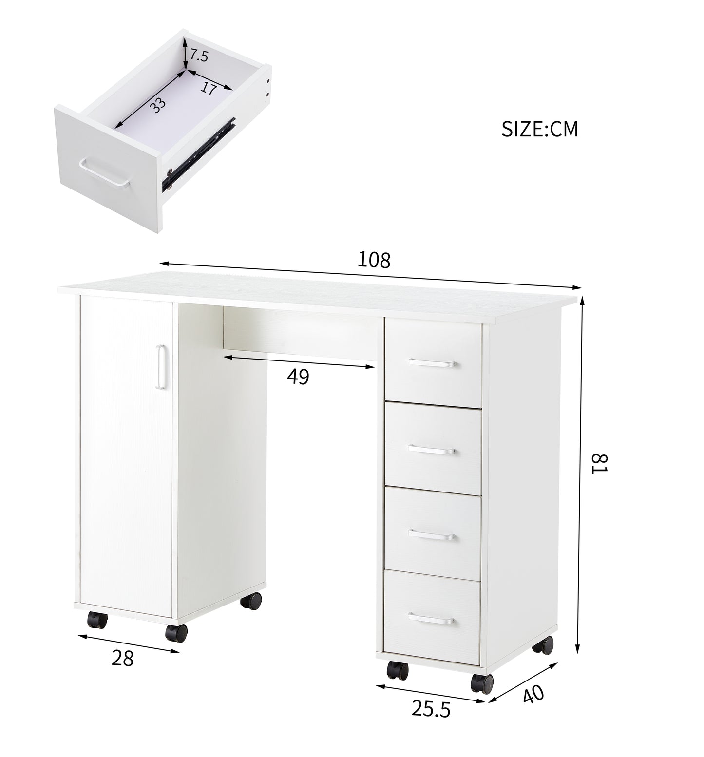 TopNest Office Table, Computer Desk Table with Drawers, White Office Desk on Wheels for Home Room, 4 Drawers and Storage Cabinet